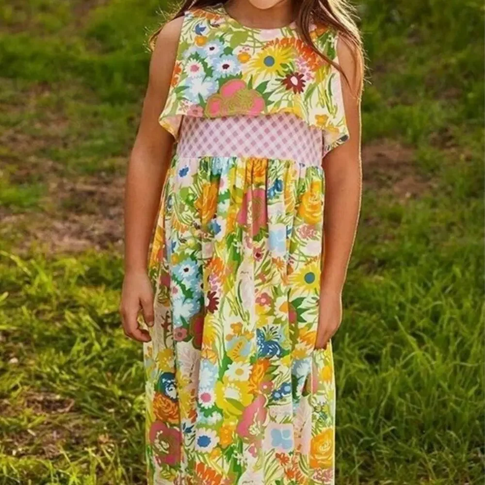 Matilda Jane Far Out Dress Girls 6 Floral Maxi Bright Daydream Gingham Trim